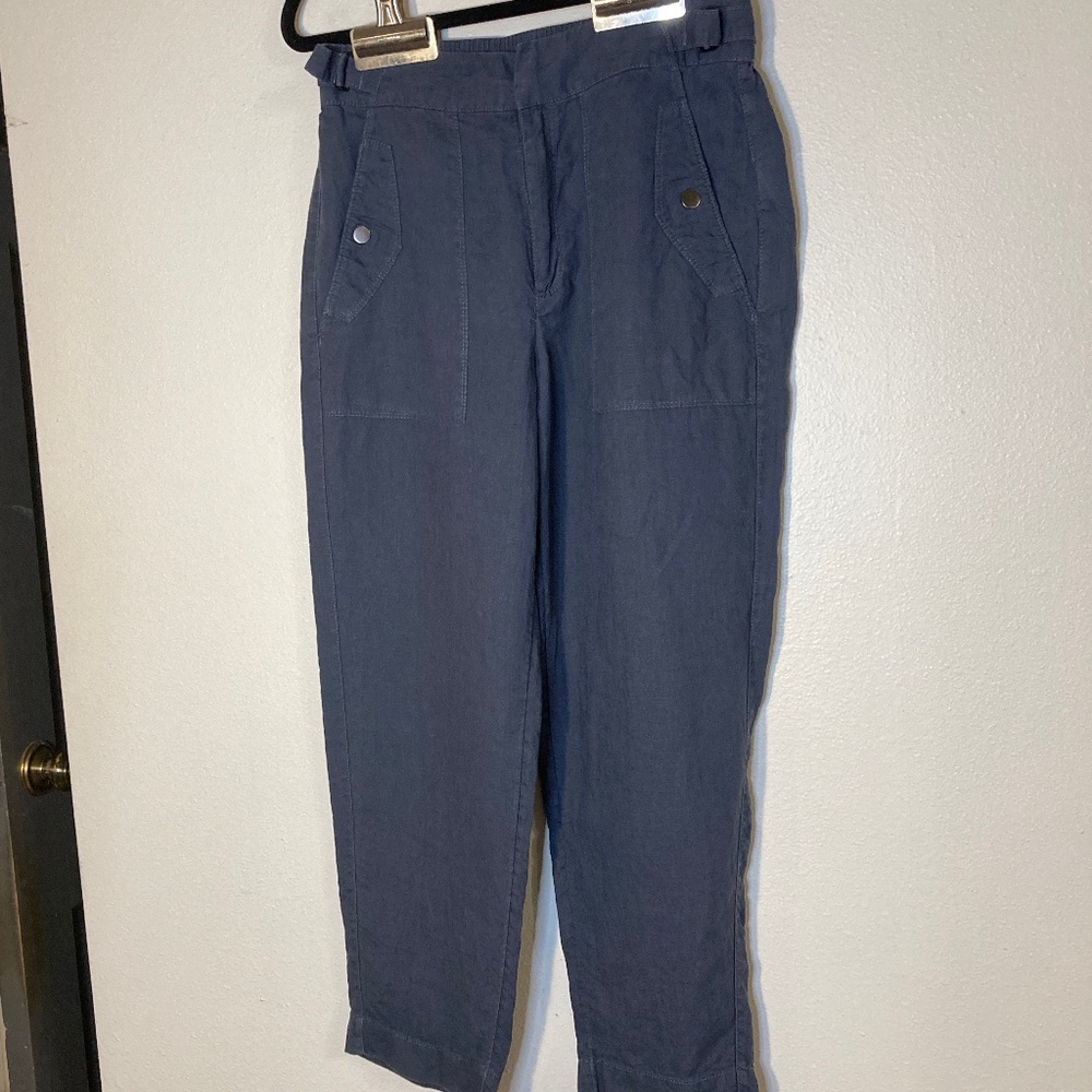 athleta linen adjustable waist pocket front straight leg high waist cropped pant